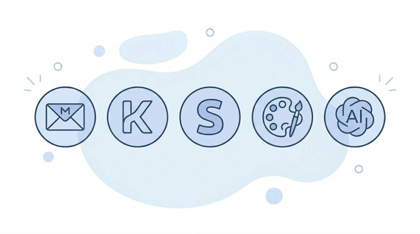 Flat icons of email tools: MailerLite, ConvertKit, Systeme.io, Canva, ChatGPT β for beginners