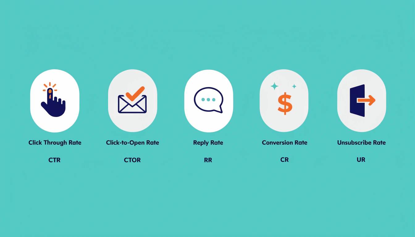 Icons representing email metrics that actually matter in 2026: CTR, CTOR, reply rate, conversion rate, unsubscribe rate