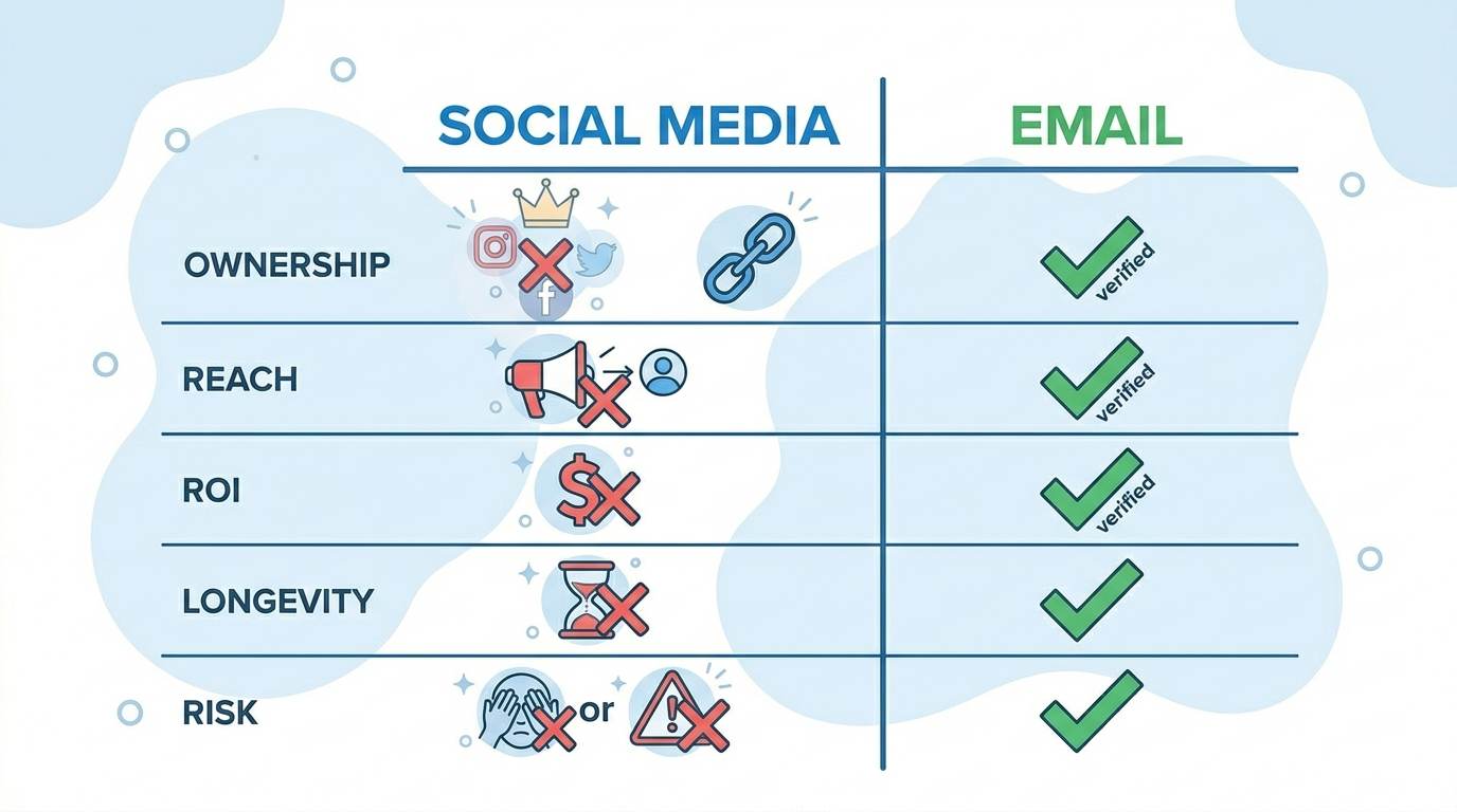 Flat comparison table: social media with red X, email with green check – email wins on ownership, reach, ROI, longevity, risk