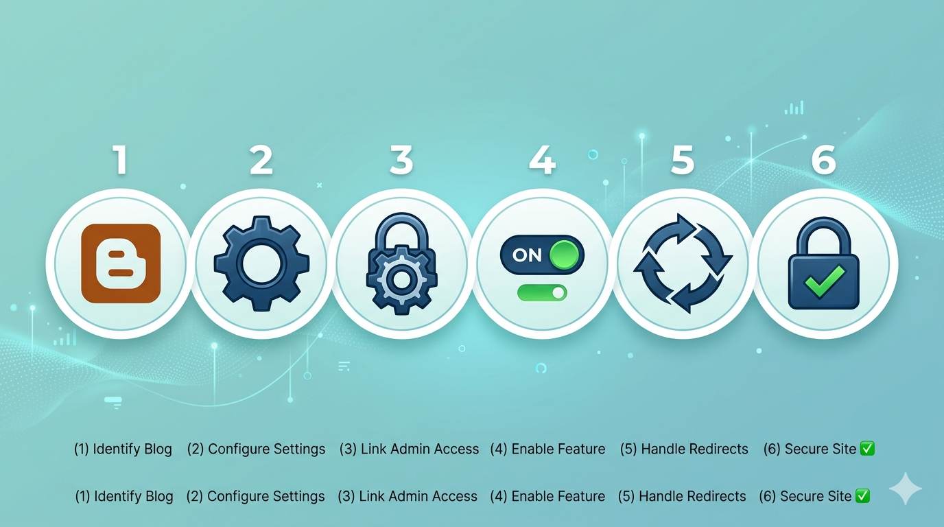 6 step icons: Blogger dashboard, settings gear, HTTPS section, toggle switch on, redirect switch on, padlock secure – enabling HTTPS on Blogger in 60 seconds
