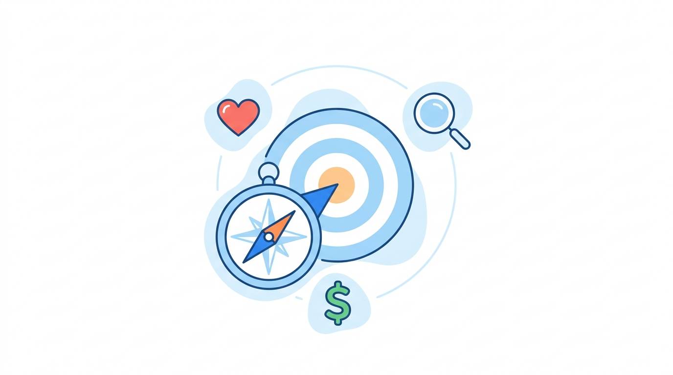 Flat design: compass pointing to a target with icons for passion, audience demand, and monetization – how to find perfect blog niche