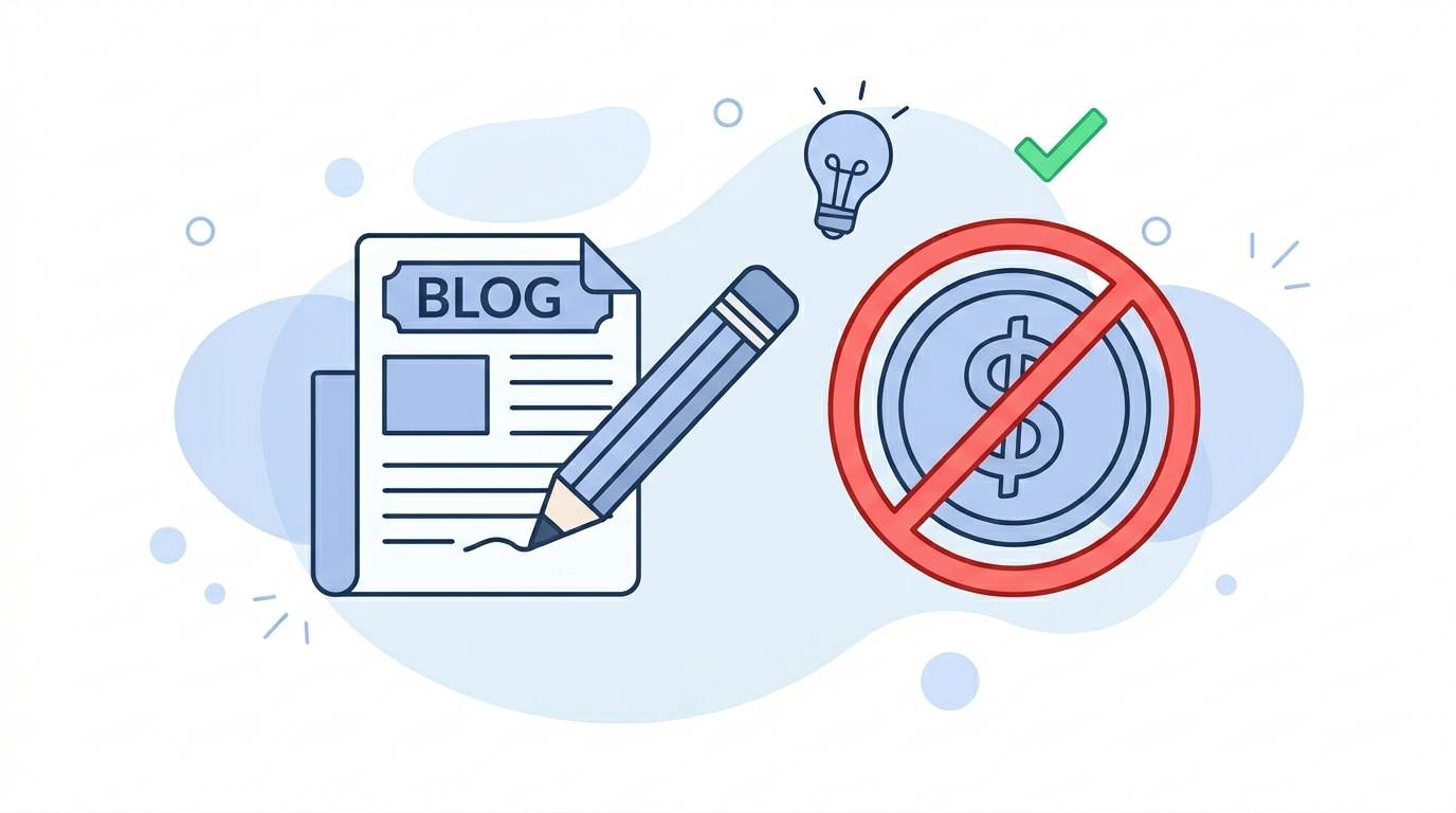 Flat design showing pencil writing first blog post with crossed‑out dollar sign – start blogging with zero budget