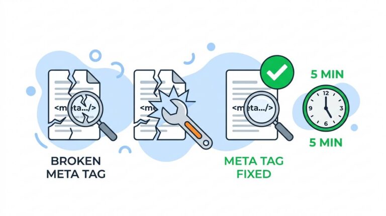 broken meta tag icon with wrench, green checkmark, and 5‑minute clock – fix broken meta tags for Blogger