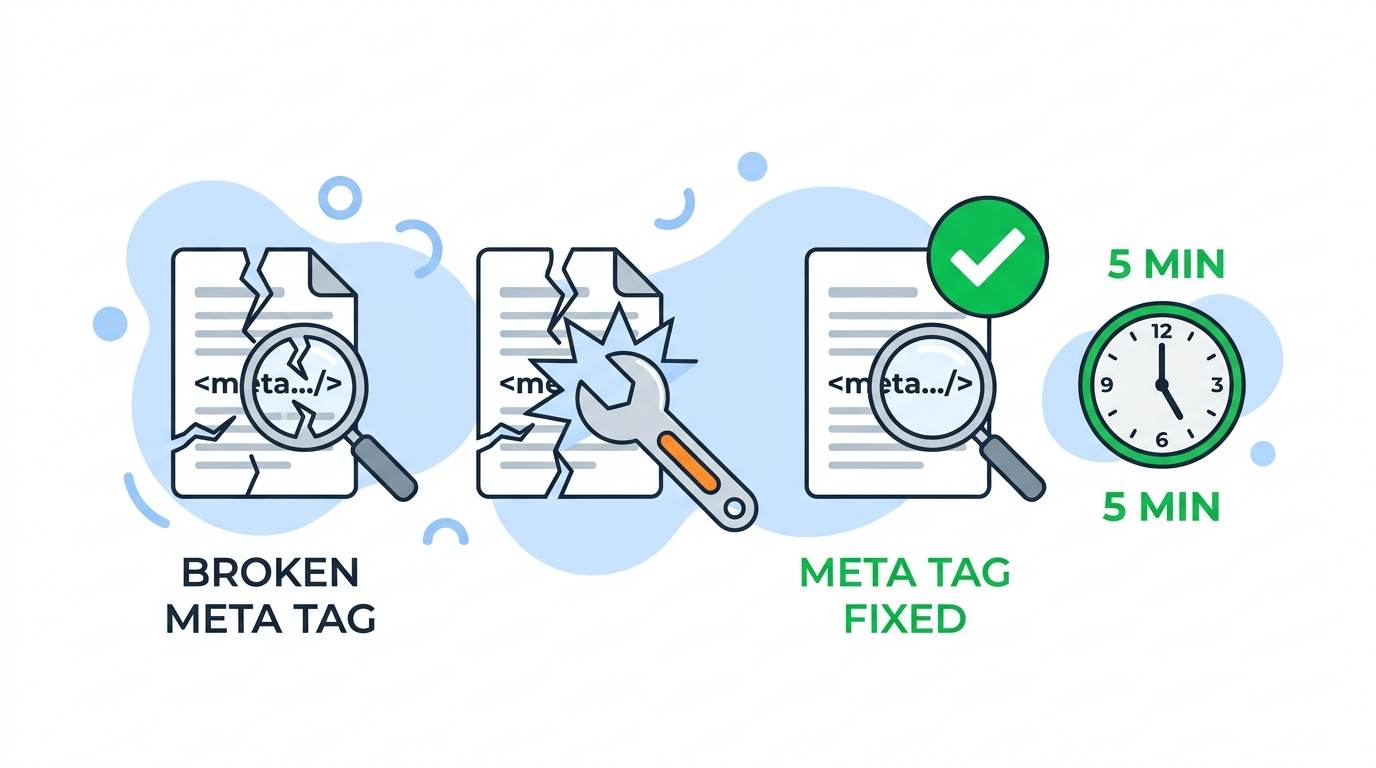 broken meta tag icon with wrench, green checkmark, and 5‑minute clock – fix broken meta tags for Blogger