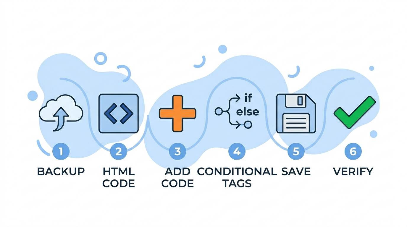 Six flat numbered steps with icons: backup, edit HTML, add code, conditional, save, verify – fix meta tags for Blogger