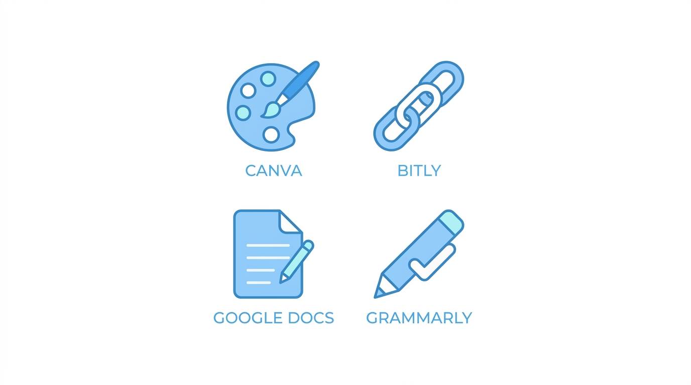 Four flat icons in a square grid: paint palette for Canva, link chain for Bitly, document for Google Docs, pencil with checkmark for Grammarly – free tools for affiliate marketing beginners