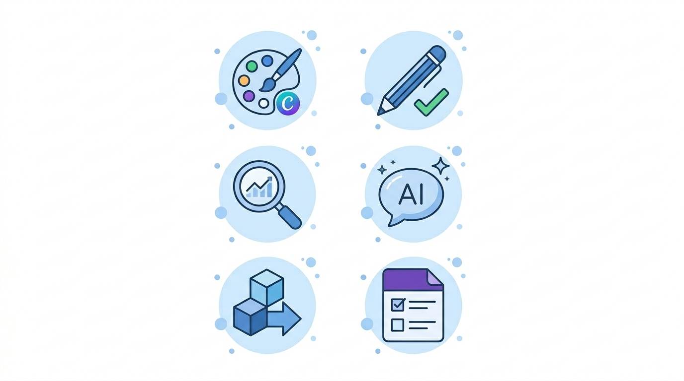Flat icons of free tools: Canva, Grammarly, Ubersuggest, ChatGPT, Notion, Google Forms – for zero‑budget blogging