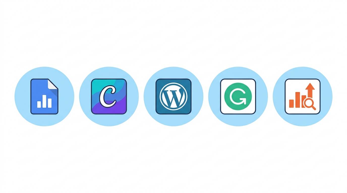 Flat app icons: Google Docs, Canva, WordPress, Grammarly, Ubersuggest – free phone blogging tools