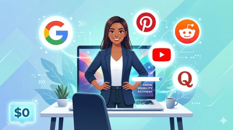 Person standing in front of multiple traffic source icons (Google, Pinterest, Reddit, YouTube) with a $0 sign – free traffic strategies 2026