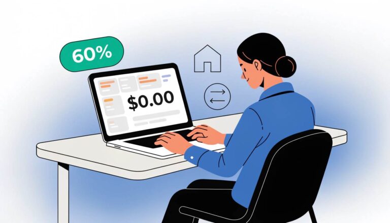 Person sitting at desk looking at laptop with $0 dashboard, floating 60% badge and rent house icon – honest GetResponse affiliate review from zero.