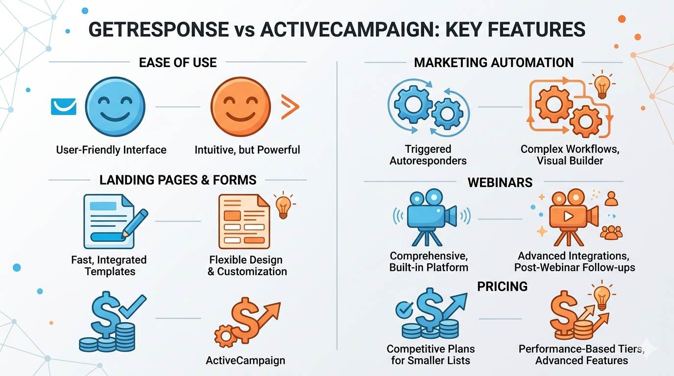 Comparison icons: ease of use, automation, landing pages, webinars, pricing – GetResponse vs ActiveCampaign