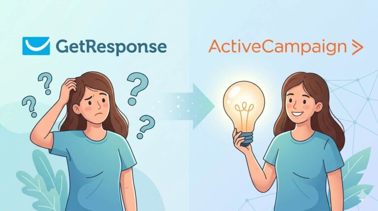 Two email tool logos – GetResponse and ActiveCampaign – with a confused person and a lightbulb, symbol of stop overthinking