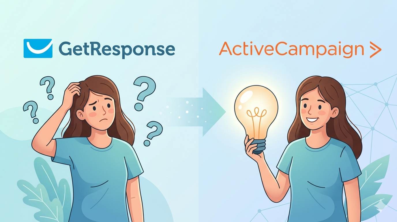 Two email tool logos – GetResponse and ActiveCampaign – with a confused person and a lightbulb, symbol of stop overthinking
