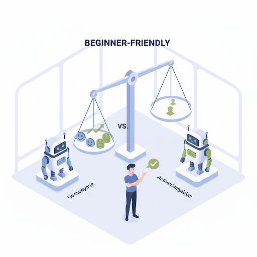 GetResponse vs ActiveCampaign for beginners, using a balance scale to evaluate ease of use and affordability to recommend the right tool