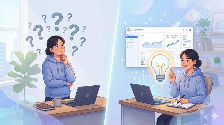 Confused blogger vs data-driven blogger – illustrating power of Google Analytics.