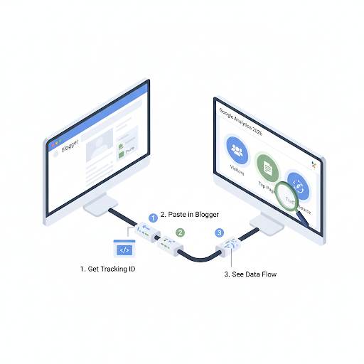 guide for beginners on setting up Google Analytics on Blogger, showing a clear connection and highlighting easy-to-understand key metrics