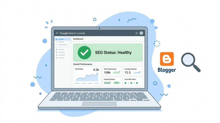 Google Search Console dashboard with Blogger logo and magnifying glass – free SEO tool for Blogger