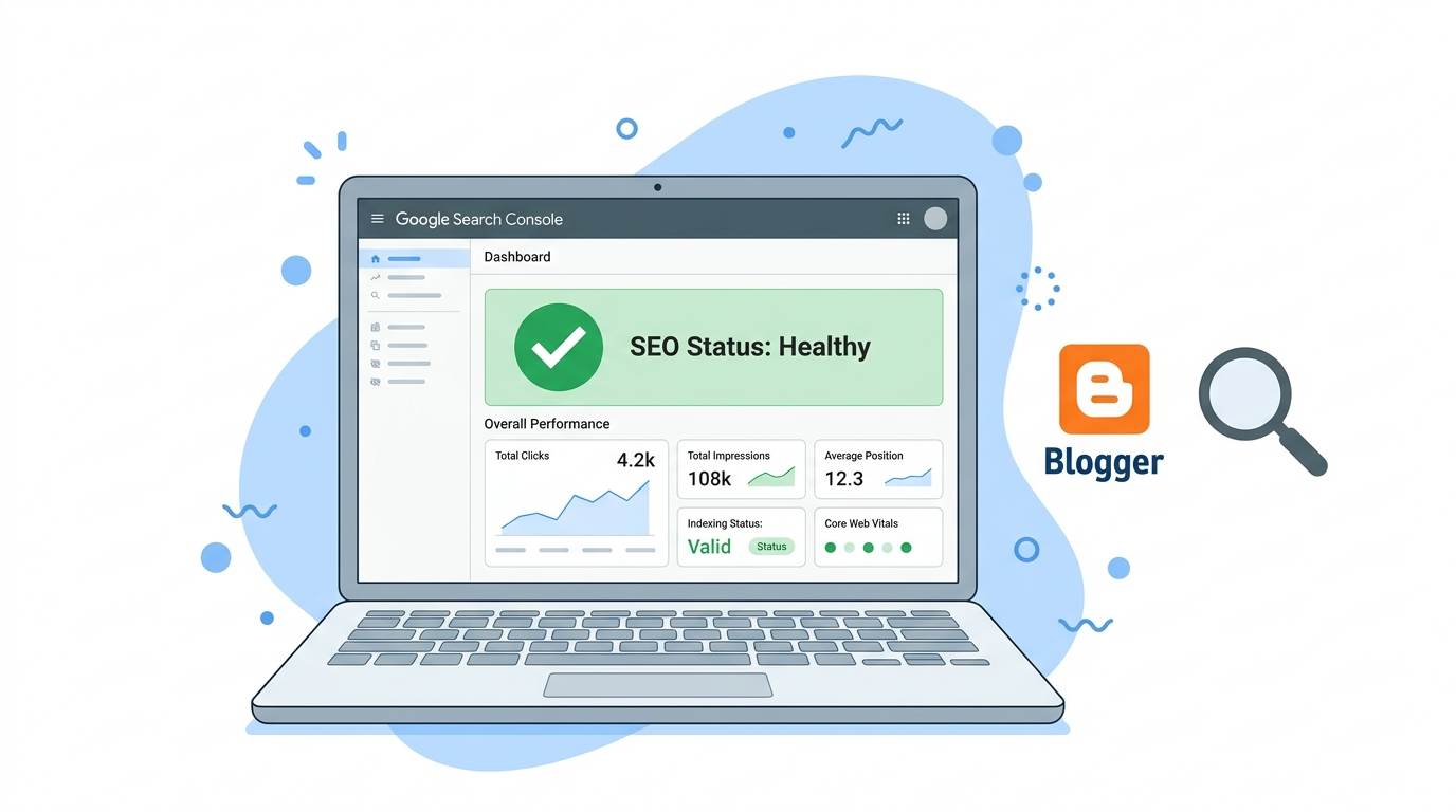 Google Search Console dashboard with Blogger logo and magnifying glass – free SEO tool for Blogger