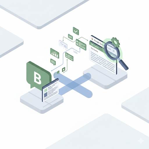 guide on setting up and using Google Search Console for Blogger SEO in 2026, showing a data bridge connecting the blog to actionable insights and optimizations