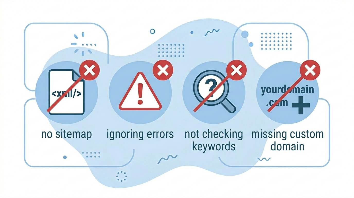 Four flat icons with red X: no sitemap, ignoring errors, not checking keywords, missing custom domain β common Google Search Console mistakes for Blogger