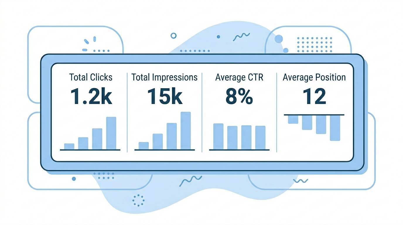 Flat dashboard with metrics: clicks, impressions, CTR, average position β Google Search Console performance tab explained