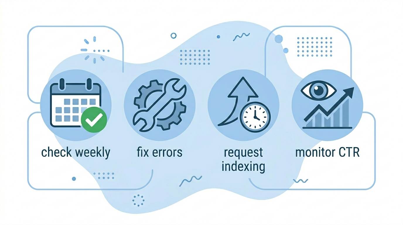 Four flat icons: check weekly, fix errors, request indexing, monitor CTR β pro tips for Google Search Console