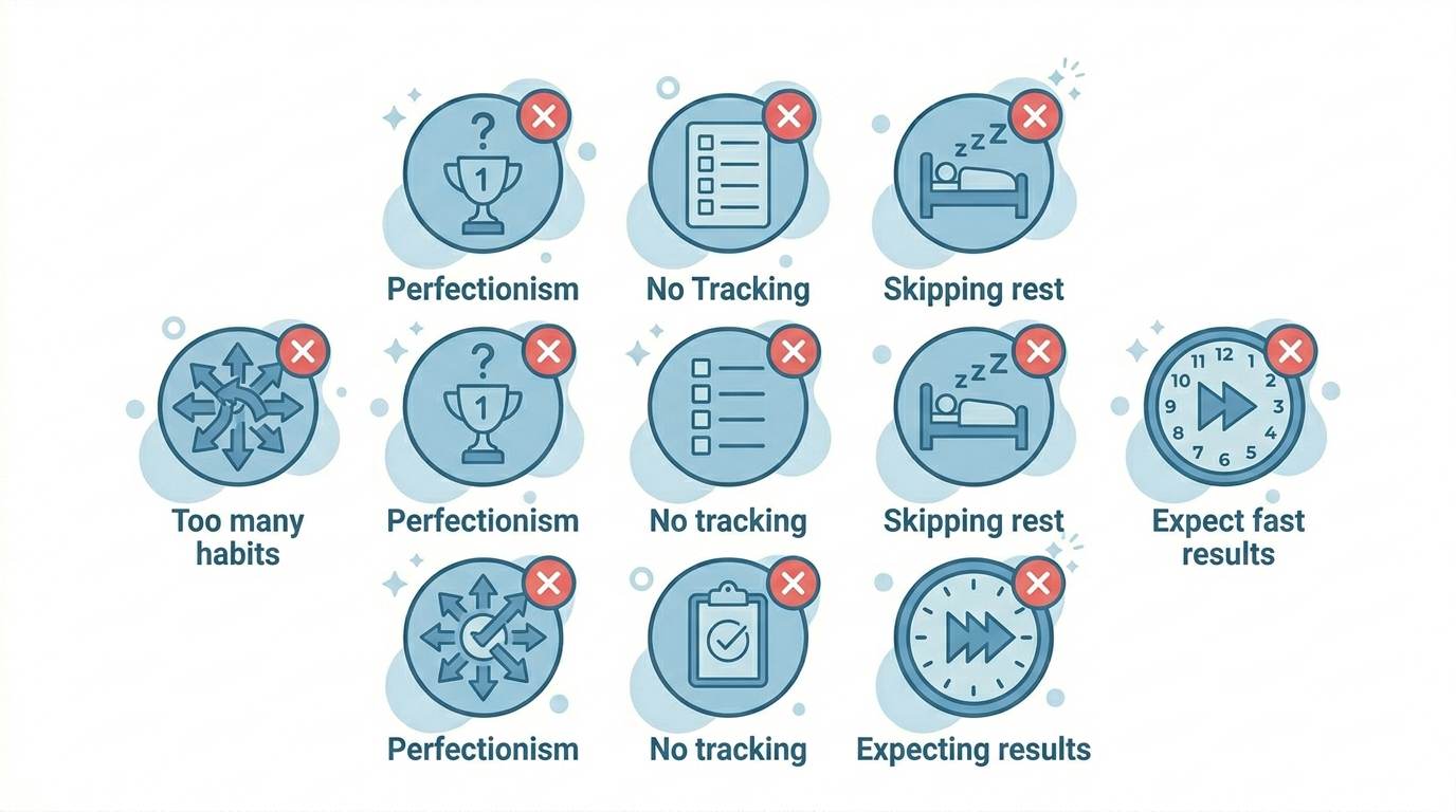 Five flat icons with red X: too many habits, perfectionism, no tracking, skipping rest, expecting fast results – common habit mistakes