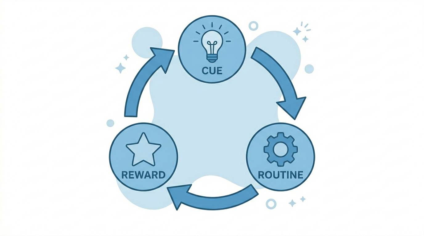 Flat habit loop diagram: cue, routine, reward – the science of successful habits