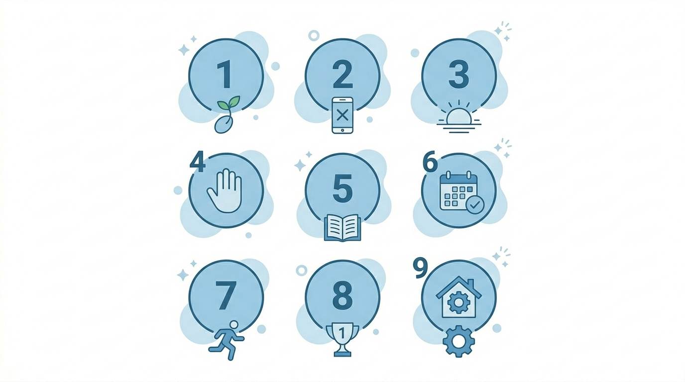 Flat infographic with 9 numbered circles and icons – 9 successful habits for 2026
