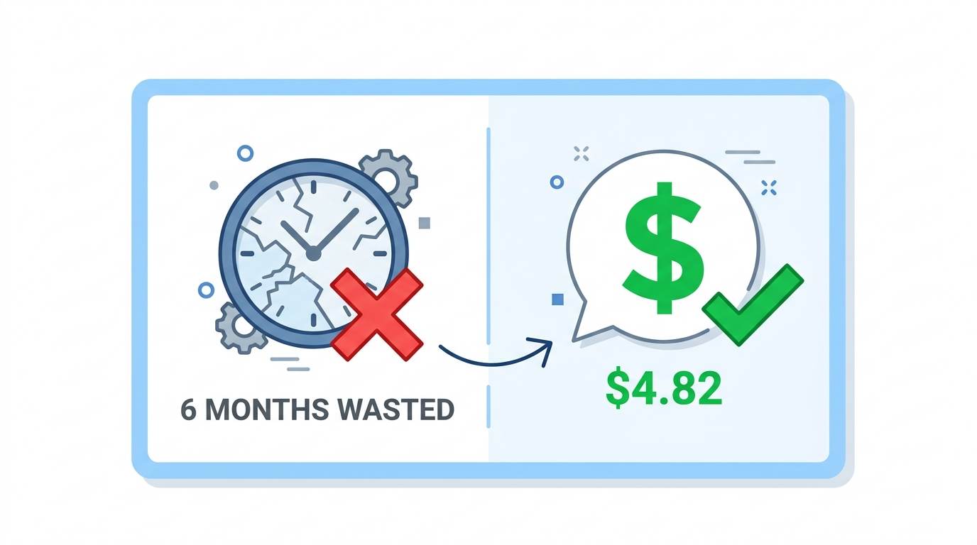Flat card showing broken clock turning into dollar sign with $4.82 – first affiliate commission story