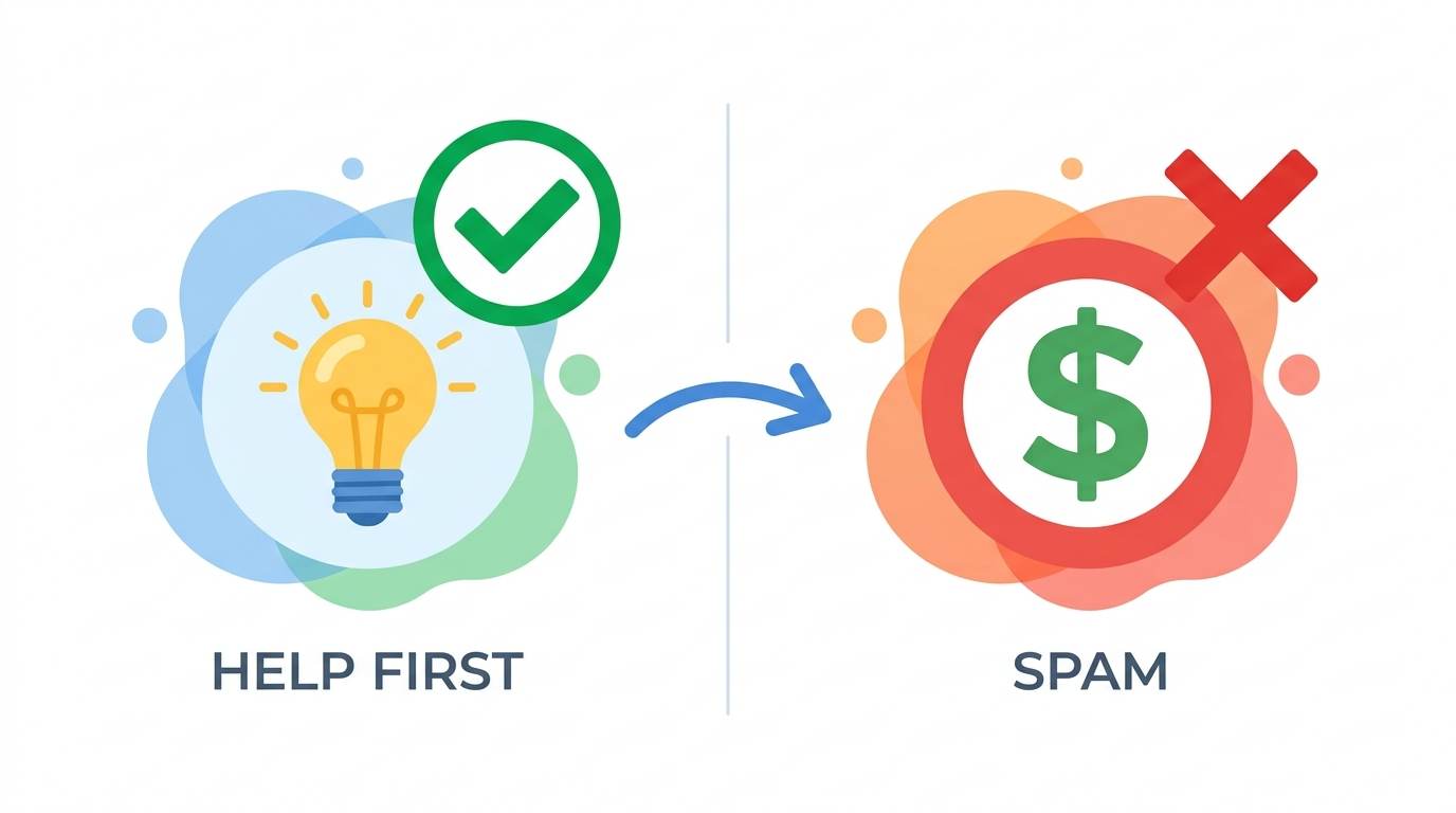 Flat comparison: lightbulb with Help First and green check versus dollar sign with Spam and red X – be helpful not spammy