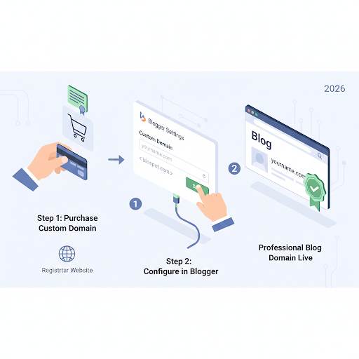 how to add a custom domain to Blogger, showing the purchase and settings update that upgrades your blog's address