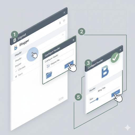 how to add a logo in Blogger, showing the process of uploading and adjusting the logo in the layout editor's header section