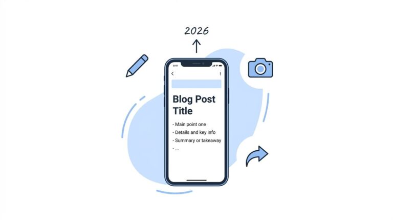 Flat design showing smartphone with blog post editor and upward arrows – how to blog from your phone in 2026