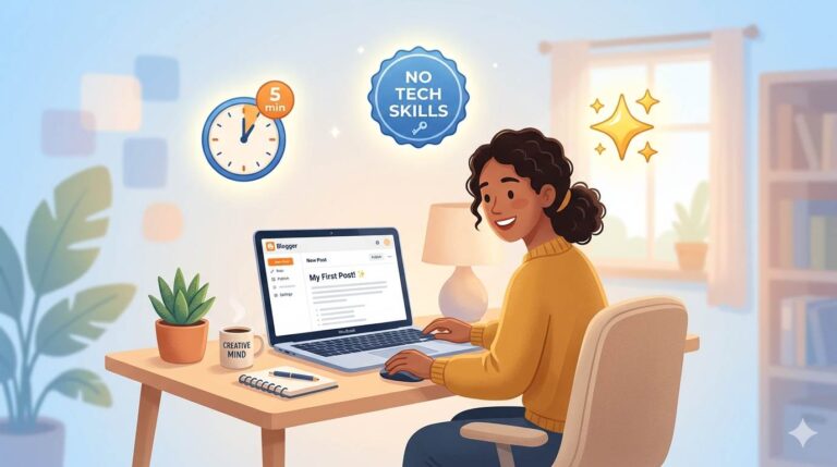 Person sitting at laptop, looking relieved, with a clock showing 5 minutes and a "No coding" badge – changing Blogger template fast