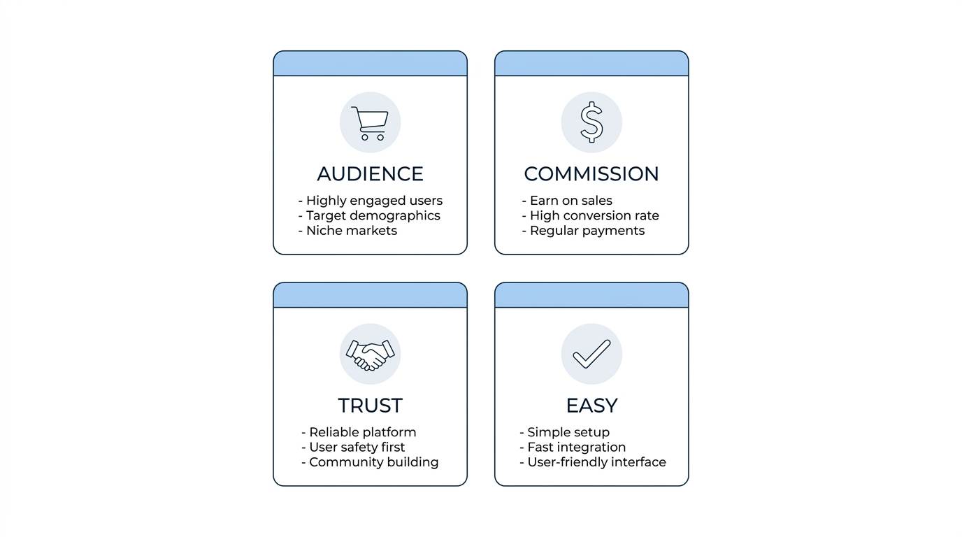 Four flat UI cards with icons: shopping cart for audience fit, dollar sign for commission, handshake for trust, checkmark for ease of use – how to choose affiliate program