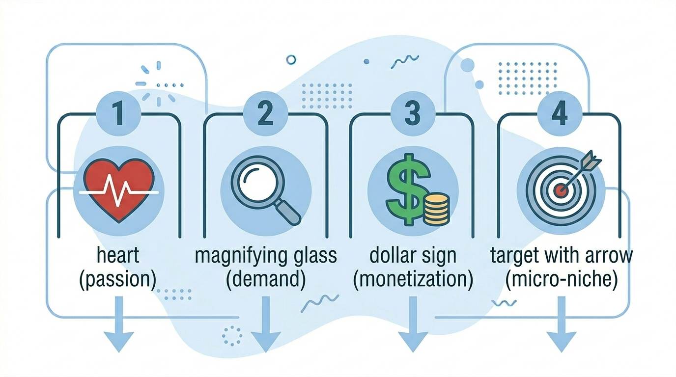 Four flat steps with icons: passion, demand, monetization, micro‑niche – how to choose a profitable blog niche