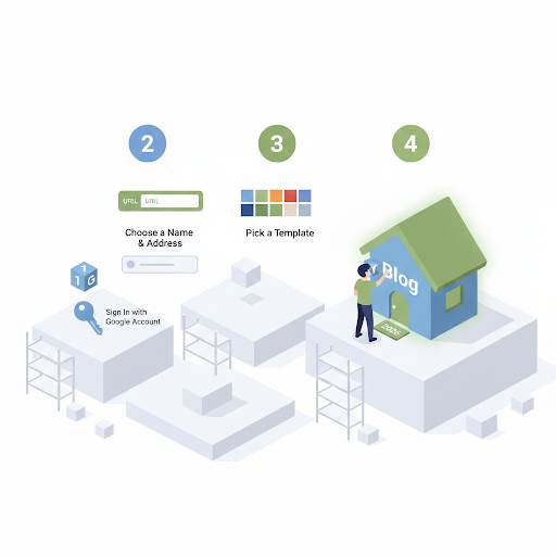 how to create a blog on Blogger, visualized as building a blog house from signing in to activation