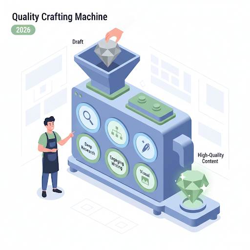 how to create high quality content, showing a draft being polished into a brilliant gem through research, structure, writing, and visuals