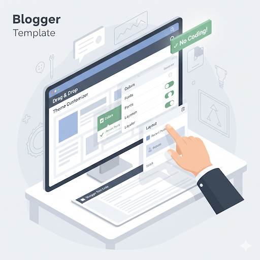 guide on how to customize a Blogger template, using visual drag-and-drop tools and theme customizer panels for colors, fonts, and layout