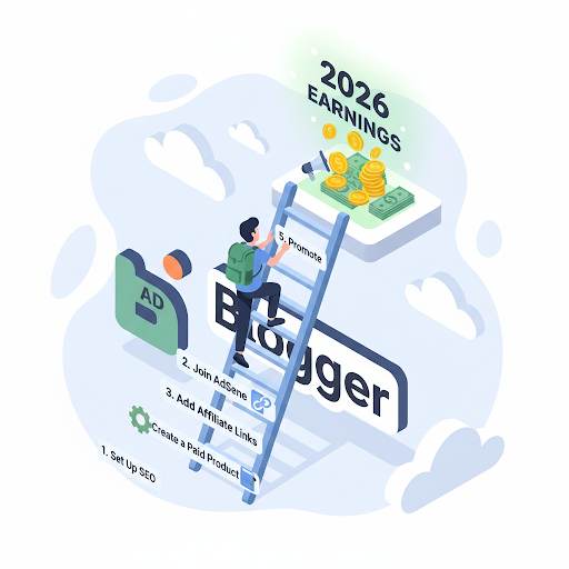 guide on how to earn from Blogger in 2026, depicted as climbing a ladder of specific monetization steps to reach earnings