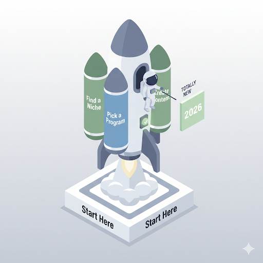 guide on how to get started with affiliate marketing from scratch in 2026, shown as a rocket launch fueled by niche, program, and content basics