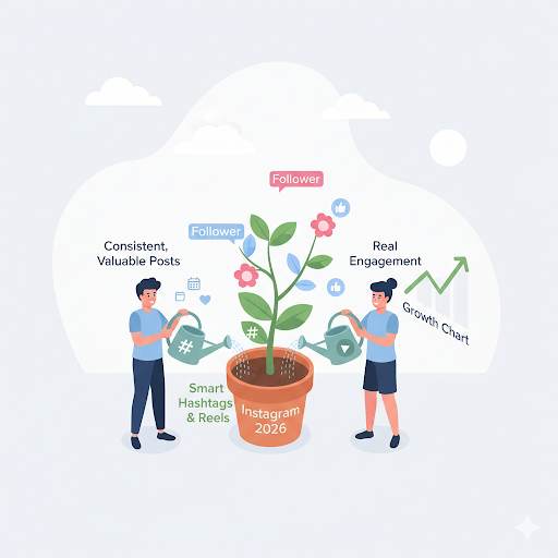 complete beginners on how to grow on Instagram in 2026, showing simple actions like consistent posting and engagement nurturing growth like a plant