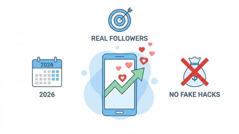 Flat design showing smartphone with upward graph and hearts, plus icons for 2026, real followers, no fake hacks – how to grow on Instagram