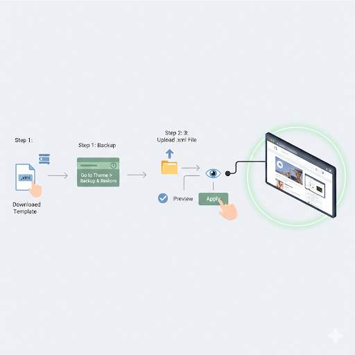 guide on how to install a Blogger template, showing a clear numbered path from downloading the file to applying the new design