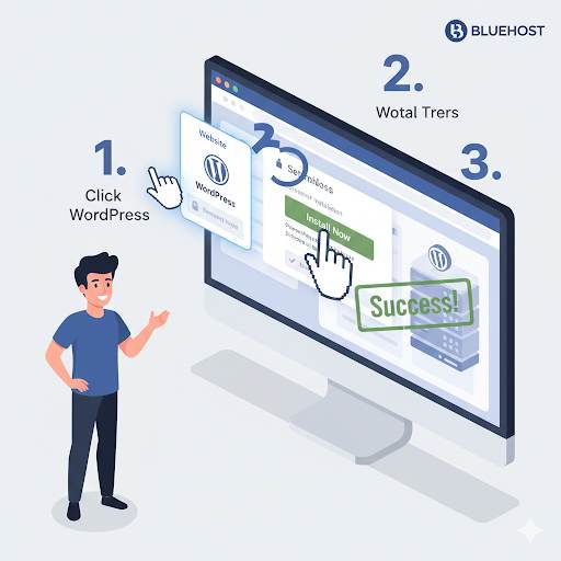 guide on how to install WordPress on Bluehost, showing clear clicks within the control panel leading to successful installation