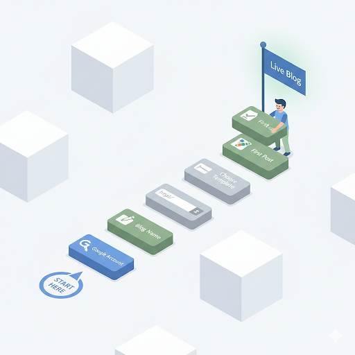 how to start a blog on Blogger, showing a clear path from creating a Google account to publishing your first post