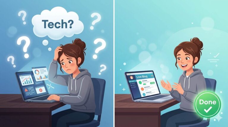 Scared person looking at laptop with "Tech?" and question marks, then smiling with live blog and "Done" badge – overcoming fear of technology to start a blog
