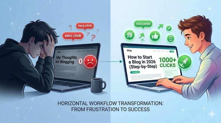 Split screen showing two blog headlines: a boring title that nobody clicks vs a catchy title with high click rate – illustrating the power of good titles