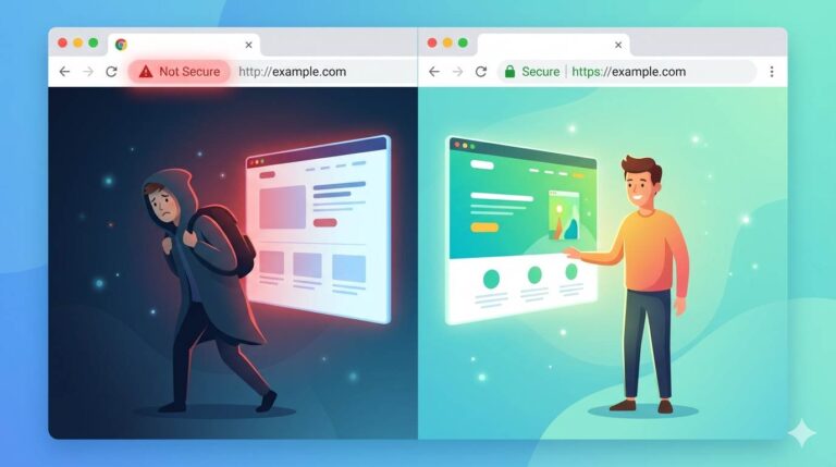 Browser address bar showing "Not Secure" warning with sad face, transforming to padlock and "Secure" with happy visitor – fixing HTTPS on Blogger